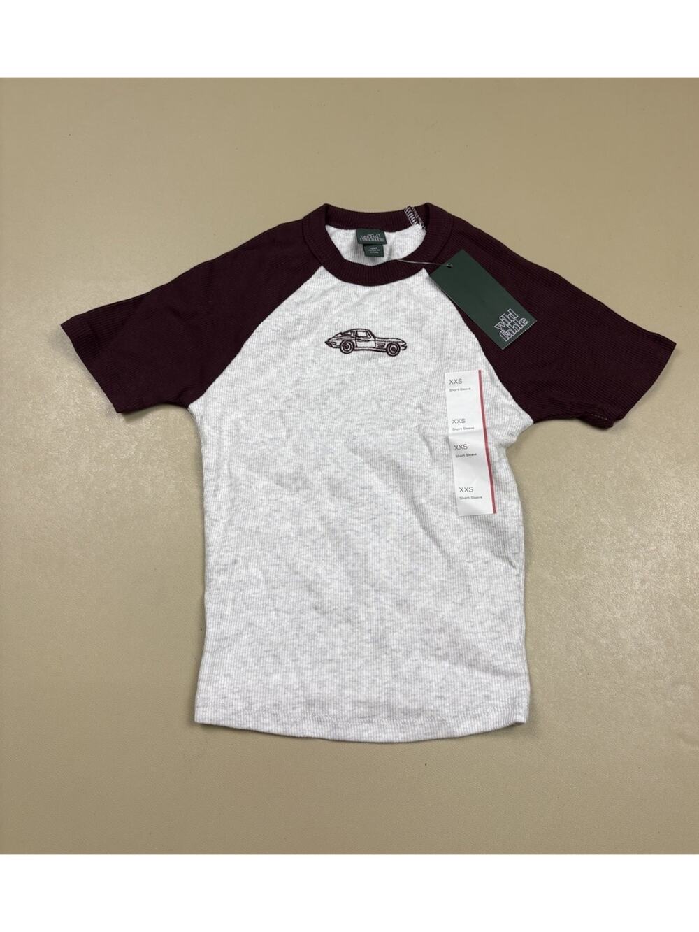 Wild Fable XXS Ribbed Raglan Tee Burgundy White Car Graphic Short Sleeve